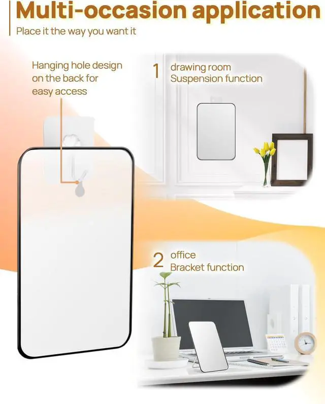 Alt view image 3 of 7 - OMIRO 8 x 5 in Desk Makeup Mirror with Stand and Hanging Hole, Black | Table Mirror with Foldable Bracket, Travel Mirror for Men and Women, Shaving and Travel, Distortion-Free Reflection