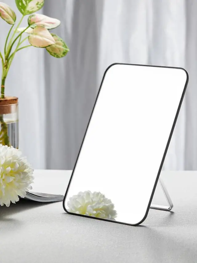 Alt view image 4 of 7 - OMIRO 8 x 5 in Desk Makeup Mirror with Stand and Hanging Hole, Black | Table Mirror with Foldable Bracket, Travel Mirror for Men and Women, Shaving and Travel, Distortion-Free Reflection
