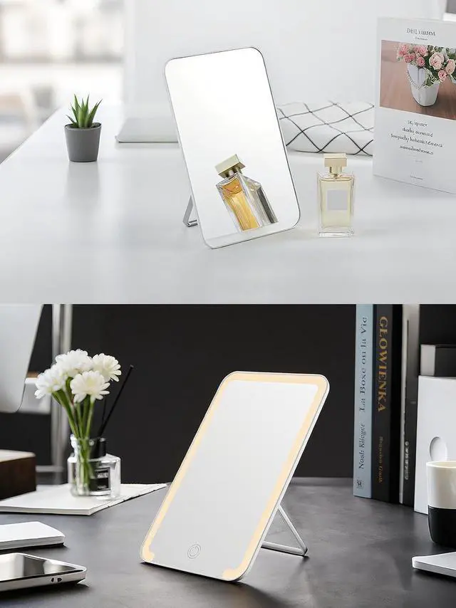 Alt view image 7 of 7 - OMIRO 8 x 5 in Desk Makeup Mirror with Stand and Hanging Hole, Black | Table Mirror with Foldable Bracket, Travel Mirror for Men and Women, Shaving and Travel, Distortion-Free Reflection