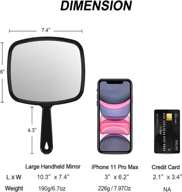 Alt view image 3 of 6 - Gladmart 10.3" L x 7.4" W Hand Mirror for Home and Barber, Black | Hand Mirrors with Handle, Barber Accessories, Hair Salon Supplies, Distortion-Free Glass, Makeup Mirror for Women Men