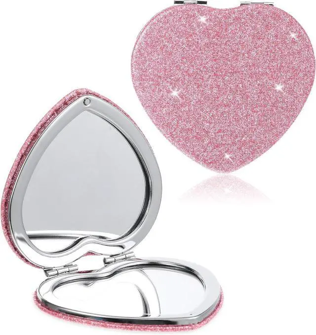 Main image of Pink Compact Mirror, Heart Shaped Compact Mirror for Girls, Double-Sided Vanity Mirrors with Magnifying for Purse, Travel, Makeup & Home Use (3 Inch)