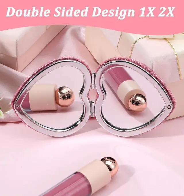 Alt view image 3 of 7 - Pink Compact Mirror, Heart Shaped Compact Mirror for Girls, Double-Sided Vanity Mirrors with Magnifying for Purse, Travel, Makeup & Home Use (3 Inch)