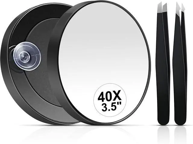 Main image of MIYADIVA 40X Magnifying Mirror, 3.5 Inch Round Compact Mirror with Suction Cup, Stainless Steel Tweezers, Perfect for Makeup, Eyebrows, Beards, Travel