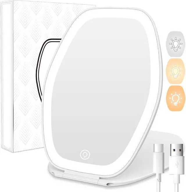 Main image of COSYGLOW Travel Makeup Mirror with Light, Portable Hexagon Vanity Mirror | 3 Color Lighting, Adjustable Brightness, Touch Screen, Rechargeable Mirror for Travel, Desk, Home(White)
