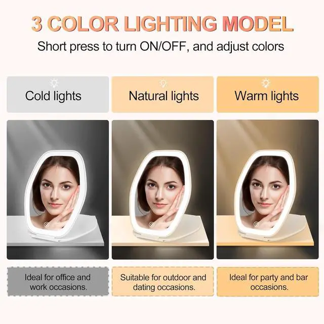 Alt view image 2 of 7 - COSYGLOW Travel Makeup Mirror with Light, Portable Hexagon Vanity Mirror | 3 Color Lighting, Adjustable Brightness, Touch Screen, Rechargeable Mirror for Travel, Desk, Home(White)