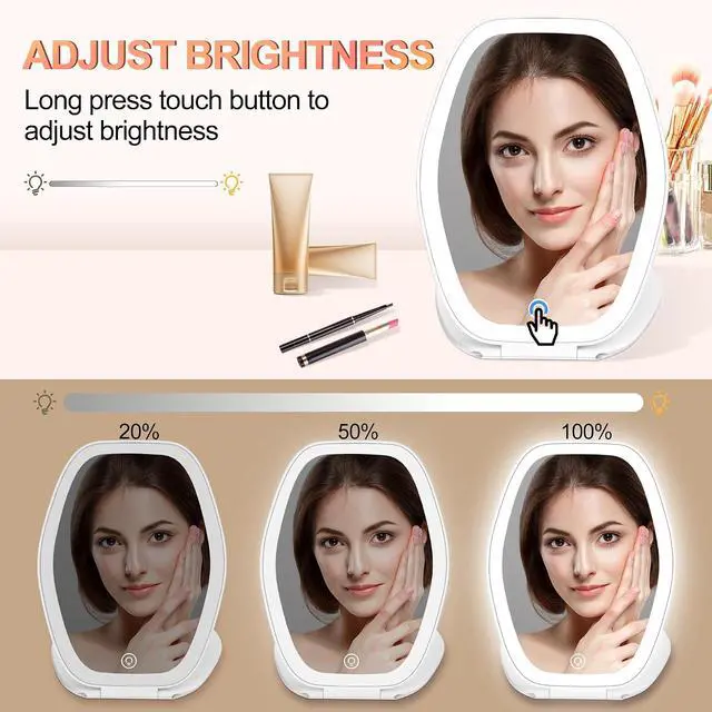 Alt view image 3 of 7 - COSYGLOW Travel Makeup Mirror with Light, Portable Hexagon Vanity Mirror | 3 Color Lighting, Adjustable Brightness, Touch Screen, Rechargeable Mirror for Travel, Desk, Home(White)