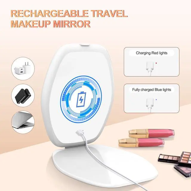 Alt view image 4 of 7 - COSYGLOW Travel Makeup Mirror with Light, Portable Hexagon Vanity Mirror | 3 Color Lighting, Adjustable Brightness, Touch Screen, Rechargeable Mirror for Travel, Desk, Home(White)