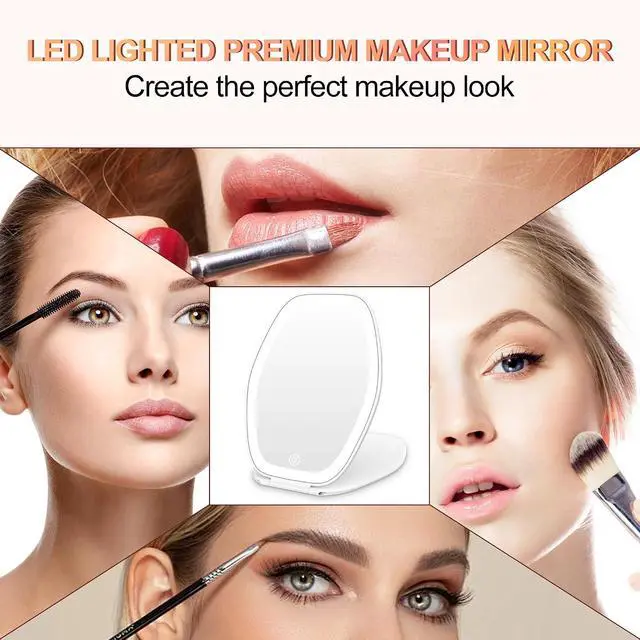 Alt view image 6 of 7 - COSYGLOW Travel Makeup Mirror with Light, Portable Hexagon Vanity Mirror | 3 Color Lighting, Adjustable Brightness, Touch Screen, Rechargeable Mirror for Travel, Desk, Home(White)