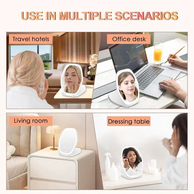 Alt view image 7 of 7 - COSYGLOW Travel Makeup Mirror with Light, Portable Hexagon Vanity Mirror | 3 Color Lighting, Adjustable Brightness, Touch Screen, Rechargeable Mirror for Travel, Desk, Home(White)
