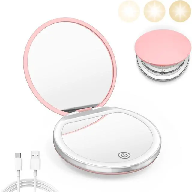 Main image of Pink Compact Mirror with Light, 1X/3X Magnification LED Pocket Mirror | USB Data Cable, Mini, Purse, Pocket, Travel, Gift, makeup, mini, women, essentials, LED, fiberglass
