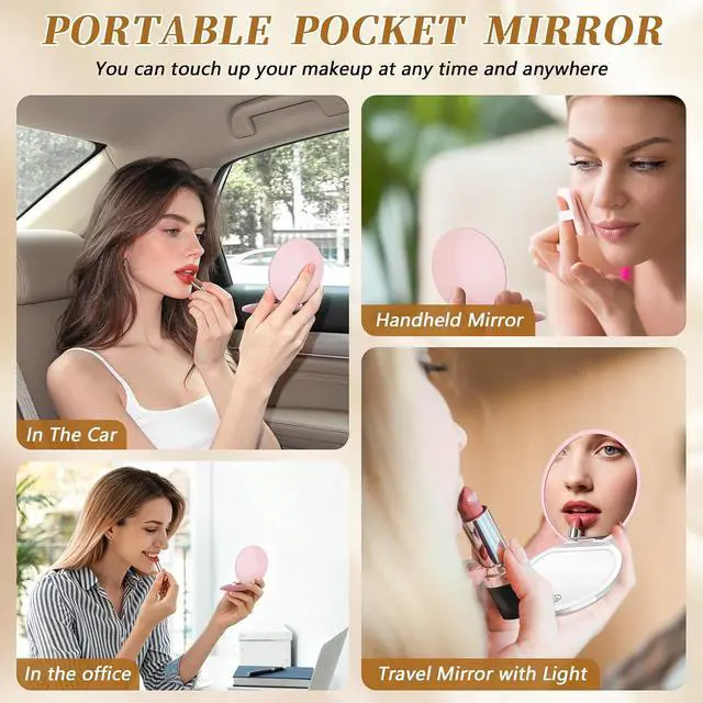 Alt view image 2 of 7 - Pink Compact Mirror with Light, 1X/3X Magnification LED Pocket Mirror | USB Data Cable, Mini, Purse, Pocket, Travel, Gift, makeup, mini, women, essentials, LED, fiberglass