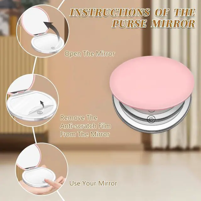 Alt view image 3 of 7 - Pink Compact Mirror with Light, 1X/3X Magnification LED Pocket Mirror | USB Data Cable, Mini, Purse, Pocket, Travel, Gift, makeup, mini, women, essentials, LED, fiberglass