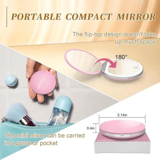 Alt view image 6 of 7 - Pink Compact Mirror with Light, 1X/3X Magnification LED Pocket Mirror | USB Data Cable, Mini, Purse, Pocket, Travel, Gift, makeup, mini, women, essentials, LED, fiberglass