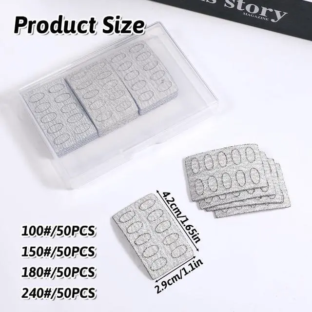 Alt view image 2 of 7 - 200 PCS Grit Sandpaper Sheets, 100/150/180/240 Nail Paper Sheets Self-Adhesive Nail Pads Nails Care Tools Polishing Sandpaper Slant Heads Art Pre-Polishing Sandpapers for Home Salon Nails and Foot