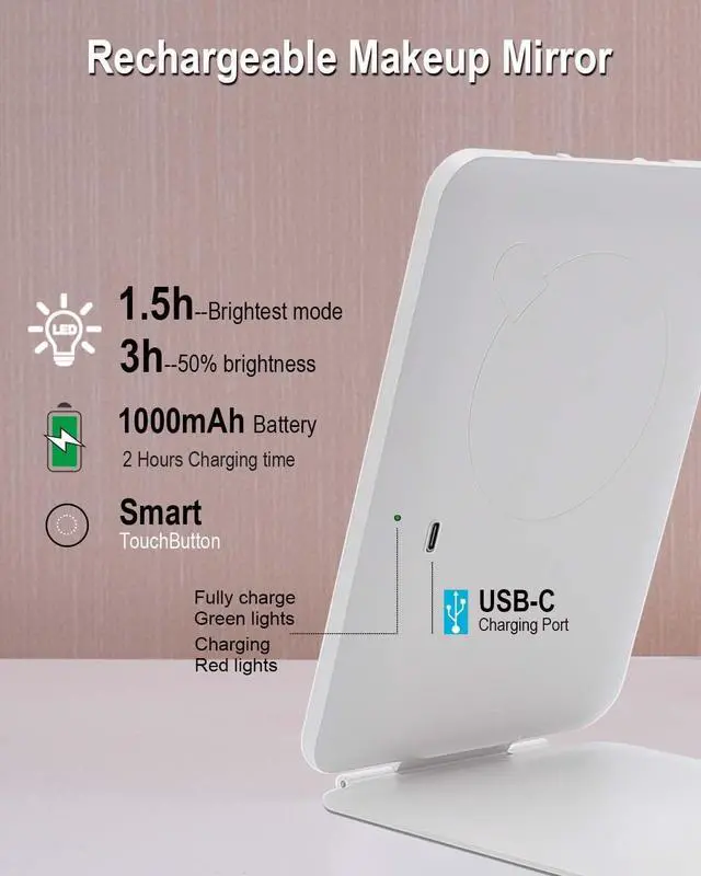 Alt view image 5 of 6 - Rechargeable Travel Mirror with Light 7x5 Inch | Portable Lighted Makeup Mirror,3 Color Lights Adjust Brightness,Tabletop Folding LED Mirror