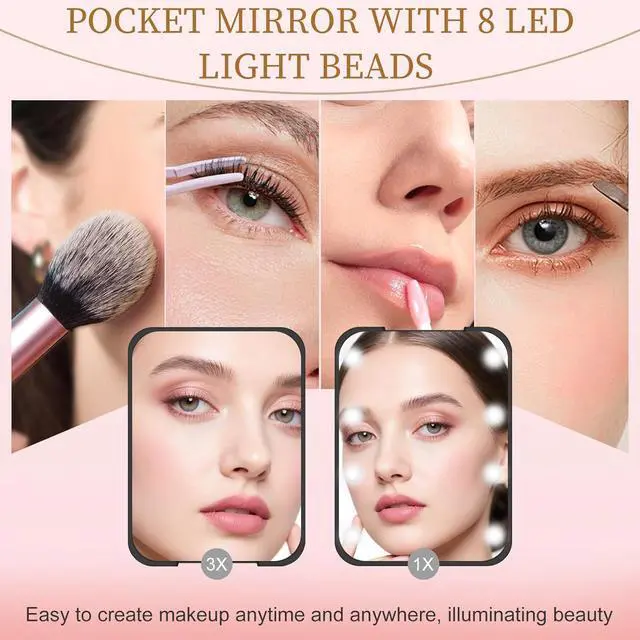 Alt view image 2 of 7 - Compact Mirror with Light, 1X/3X Magnification LED Pocket Mirror for Women | Portable, Travel, Purse, Pocket, Gift, black, mini, small, essentials, led, fiberglass, batteries, rectangular