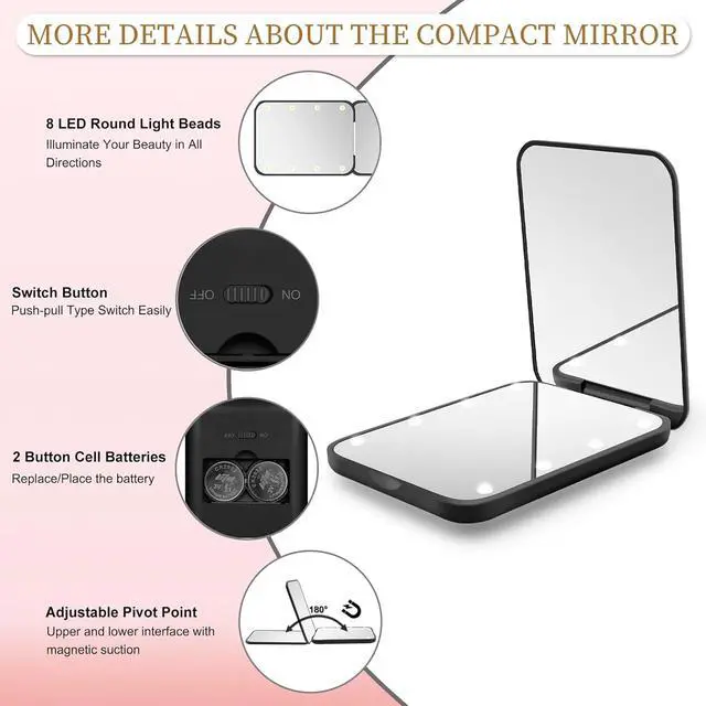 Alt view image 3 of 7 - Compact Mirror with Light, 1X/3X Magnification LED Pocket Mirror for Women | Portable, Travel, Purse, Pocket, Gift, black, mini, small, essentials, led, fiberglass, batteries, rectangular