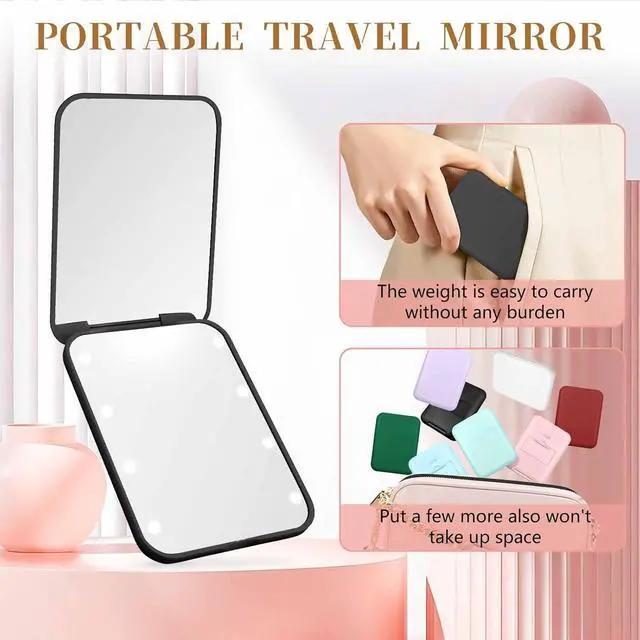 Alt view image 5 of 7 - Compact Mirror with Light, 1X/3X Magnification LED Pocket Mirror for Women | Portable, Travel, Purse, Pocket, Gift, black, mini, small, essentials, led, fiberglass, batteries, rectangular