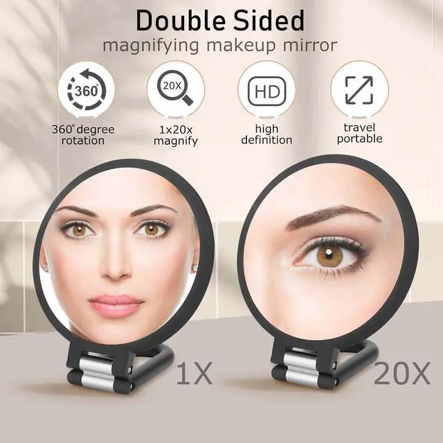 Alt view image 2 of 7 - CLSEVXY Magnifying Handheld Mirror Double Sided, 1X 20X Magnification Hand Mirrors, Travel Folding Hand Held Mirror, 360°Rotation Pedestal Makeup Vanity Mirror