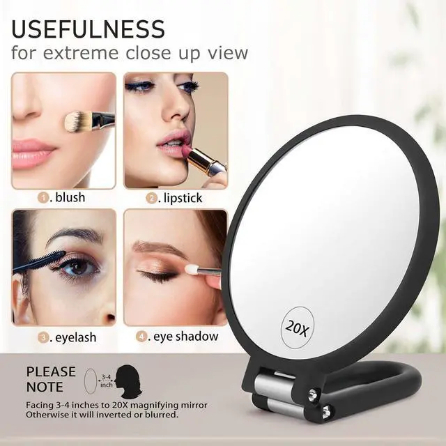 Alt view image 3 of 7 - CLSEVXY Magnifying Handheld Mirror Double Sided, 1X 20X Magnification Hand Mirrors, Travel Folding Hand Held Mirror, 360°Rotation Pedestal Makeup Vanity Mirror