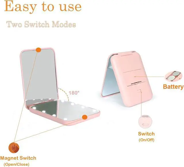 Alt view image 6 of 7 - Kintion Pocket Mirror, 1X/3X Magnification LED Compact Travel Makeup Mirror with Light for Purse, 2-Sided, Portable, Folding, Handheld, Small Lighted Mirror for Gift, Pink
