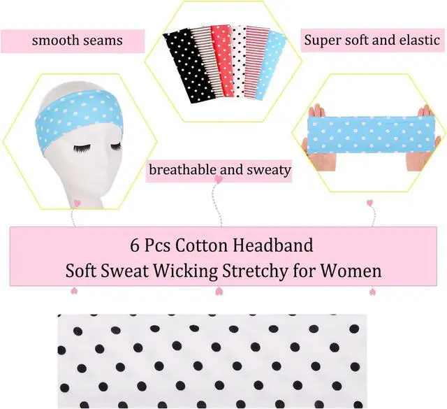 Alt view image 3 of 6 - Leeven Polka Dot Headband for Women 6 Pack Non Slip Soft Elastic Floral Hairbands Soft Fabric Stripe Head Bands for s Heart Headbands