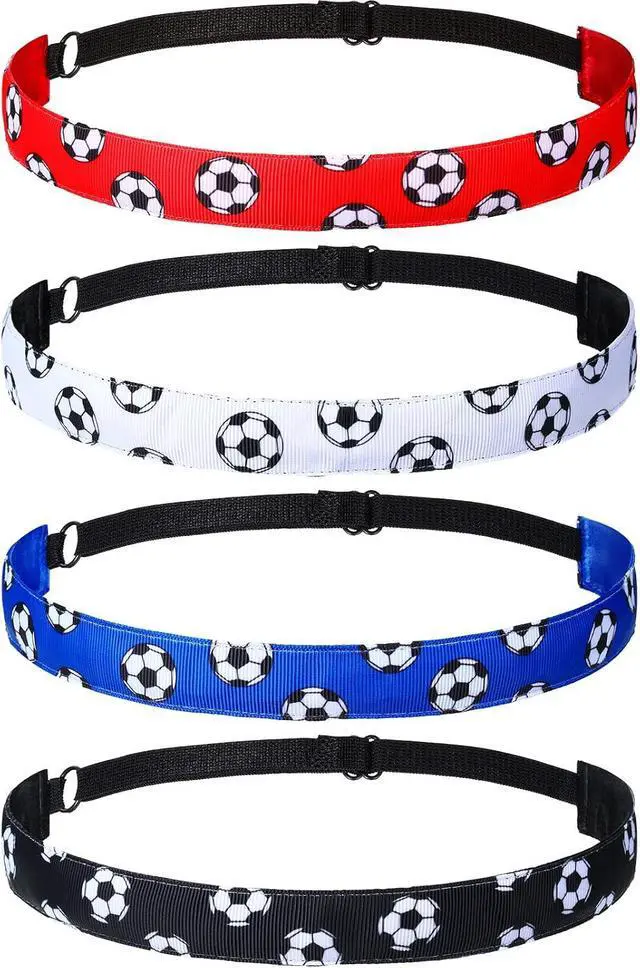 Main image of SATINIOR 4Pcs Nonslip Soccer Headband for Girls, Black, White, Red, Blue | Adjustable Elastic Strap, Printed Soccer Ball Pattern, Sweatproof for Football Training, Youth Sports Headbands
