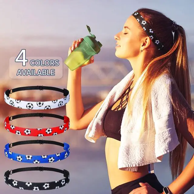 Alt view image 4 of 6 - SATINIOR 4Pcs Nonslip Soccer Headband for Girls, Black, White, Red, Blue | Adjustable Elastic Strap, Printed Soccer Ball Pattern, Sweatproof for Football Training, Youth Sports Headbands