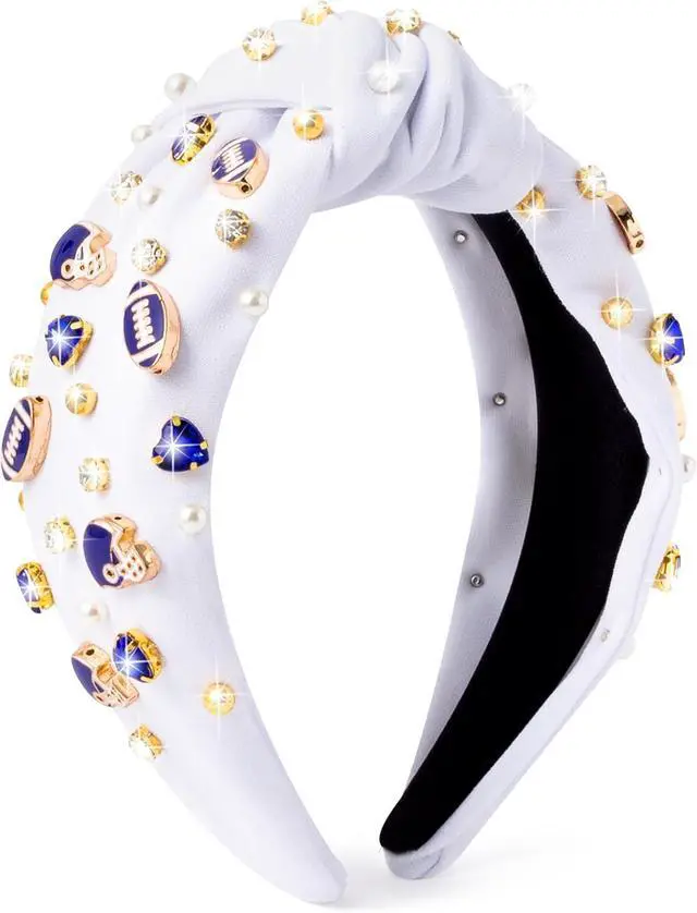 Main image of PANTIDE Football Jeweled Knotted Headband - Blue Football Rhinestone Crystal Embellished Headband Wide Top Knot Fashion Hairband Mom Accessories Sport Game Day Birthday Gift for Fan Women Girl (White)