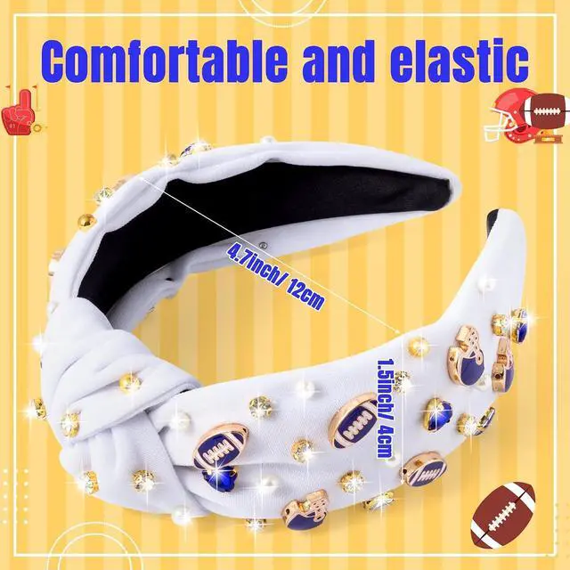 Alt view image 2 of 6 - PANTIDE Football Jeweled Knotted Headband - Blue Football Rhinestone Crystal Embellished Headband Wide Top Knot Fashion Hairband Mom Accessories Sport Game Day Birthday Gift for Fan Women Girl (White)
