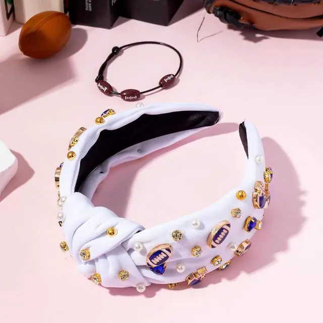 Alt view image 4 of 6 - PANTIDE Football Jeweled Knotted Headband - Blue Football Rhinestone Crystal Embellished Headband Wide Top Knot Fashion Hairband Mom Accessories Sport Game Day Birthday Gift for Fan Women Girl (White)