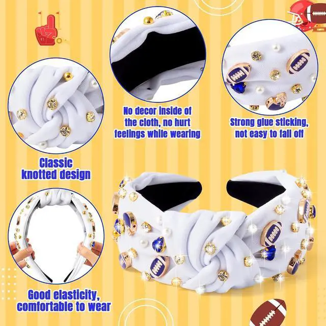 Alt view image 3 of 6 - PANTIDE Football Jeweled Knotted Headband - Blue Football Rhinestone Crystal Embellished Headband Wide Top Knot Fashion Hairband Mom Accessories Sport Game Day Birthday Gift for Fan Women Girl (White)