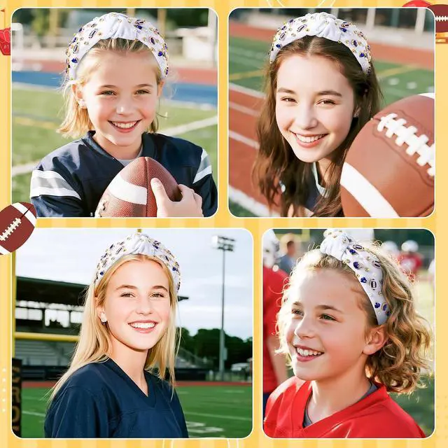 Alt view image 5 of 6 - PANTIDE Football Jeweled Knotted Headband - Blue Football Rhinestone Crystal Embellished Headband Wide Top Knot Fashion Hairband Mom Accessories Sport Game Day Birthday Gift for Fan Women Girl (White)
