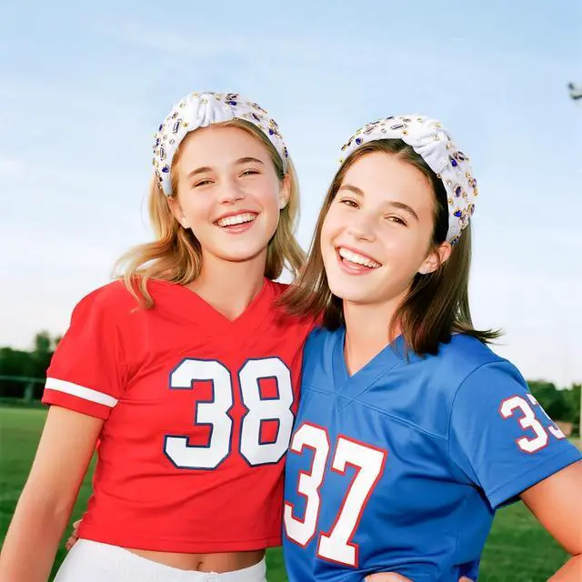 Alt view image 6 of 6 - PANTIDE Football Jeweled Knotted Headband - Blue Football Rhinestone Crystal Embellished Headband Wide Top Knot Fashion Hairband Mom Accessories Sport Game Day Birthday Gift for Fan Women Girl (White)