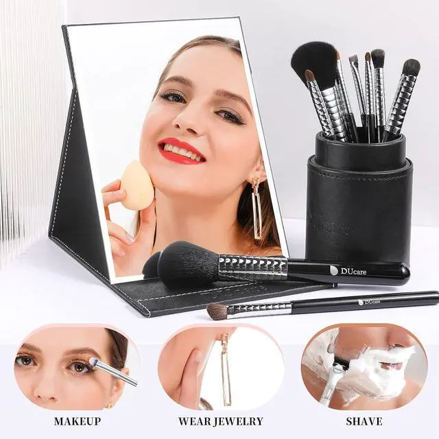 Alt view image 5 of 7 - DUcare Folding Table Mirror 6x8 Inch - Portable Desk & Travel Mirror with PU Leather Cover, Adjustable Stand for Makeup, Shaving, Crafting, Black