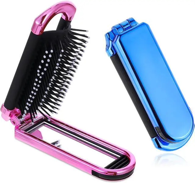 Main image of Folding Hair Brushes with Detachable Mirror, 2-Pack, Gradient Color | Portable Travel Hairbrush for Women and Teens, Compact Purse Brush for Travel, Gym, Work, and Daily Use