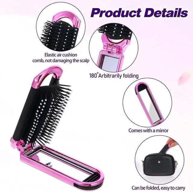 Alt view image 3 of 7 - Folding Hair Brushes with Detachable Mirror, 2-Pack, Gradient Color | Portable Travel Hairbrush for Women and Teens, Compact Purse Brush for Travel, Gym, Work, and Daily Use