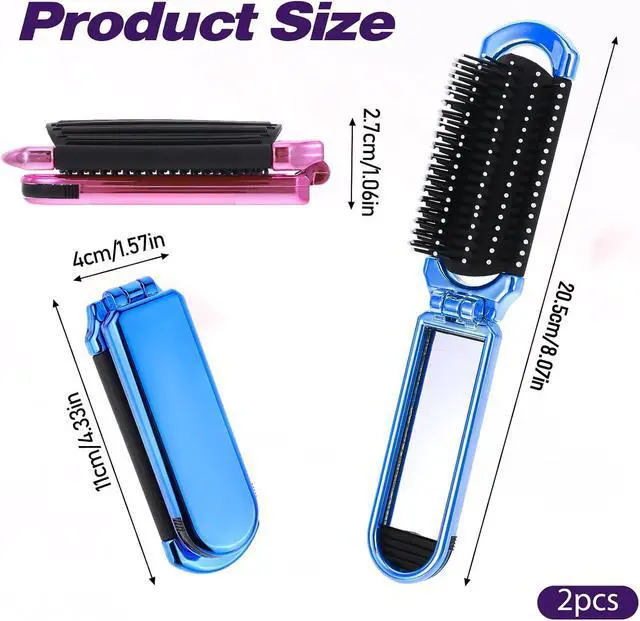 Alt view image 5 of 7 - Folding Hair Brushes with Detachable Mirror, 2-Pack, Gradient Color | Portable Travel Hairbrush for Women and Teens, Compact Purse Brush for Travel, Gym, Work, and Daily Use