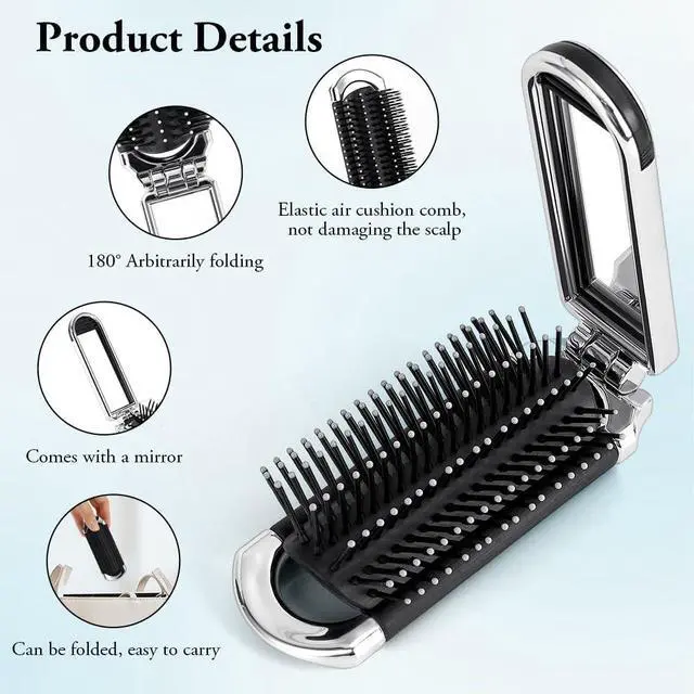 Alt view image 4 of 6 - Foldable Hair Brush with Mirror, Portable Travel Brush - Compact Pocket-Size Folding Detangling Comb for Women Men, Gym, Travel, Purse, Swimming (Anti-Static, Wet/Dry Hair, Massage Bristles)