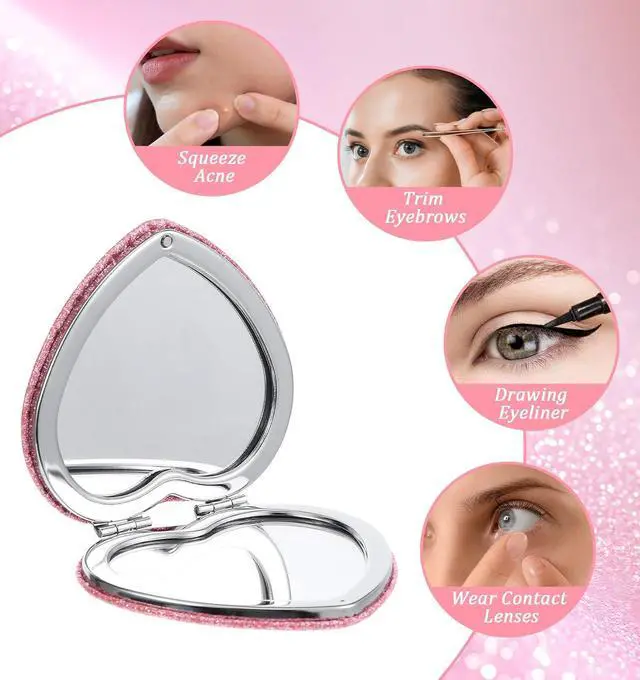 Alt view image 5 of 7 - Pink Compact Mirror, Heart Shaped Compact Mirror for Girls, Double-Sided Vanity Mirrors with Magnifying for Purse, Travel, Makeup & Home Use (3 Inch)