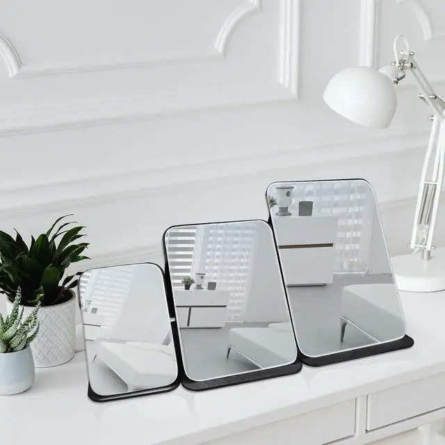 Alt view image 4 of 7 - Makeup Mirror, 6x8 Inches Portable PU Leather Mirror, Folding Desktop Vanity Mirror with Adjustable Stand for Vanity Table, Office, Travel (M, Black)