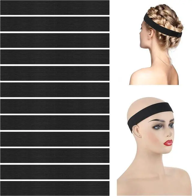 Main image of WILLBOND 12 Pcs Elastic Bands for Wigs Adjustable Lace Melting Edge Wrap 1.2 x 23.6 Inch Black Wig Headband Bands for Lace Front