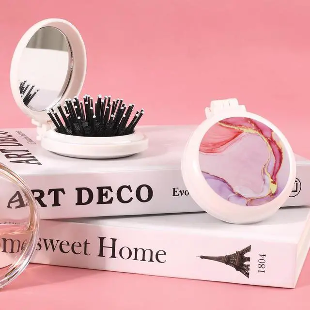 Alt view image 5 of 7 - Mini Hairbrush, Pocket Hairbrush With Mirror Pink Marble | Mini Make Up Mirror And Comb Set Compact, Foldable And Portable, A must Have For Ladies, Handbags And Essential For Travel
