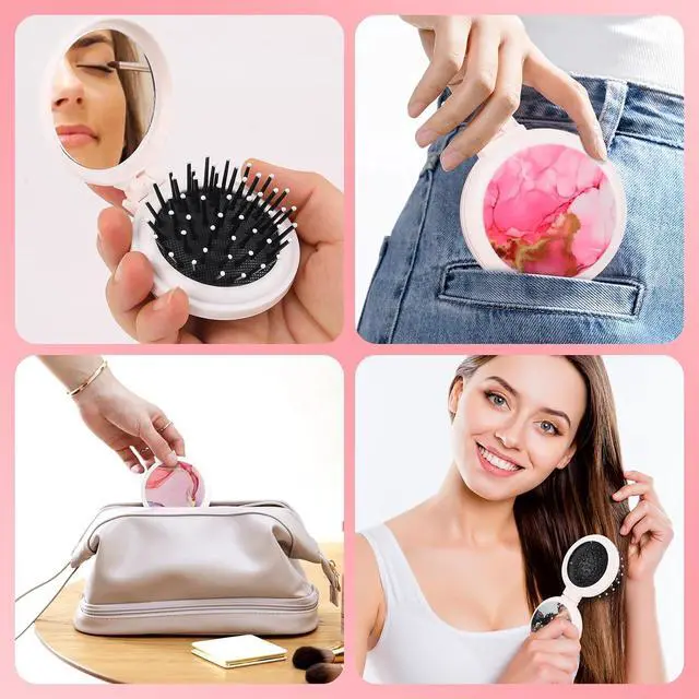 Alt view image 6 of 7 - Mini Hairbrush, Pocket Hairbrush With Mirror Pink Marble | Mini Make Up Mirror And Comb Set Compact, Foldable And Portable, A must Have For Ladies, Handbags And Essential For Travel