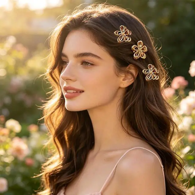 Alt view image 2 of 7 - Flower Hair Clips Mini Metal Claw Clips for Women Thin Thick Hair Decorative Accessories (Gold)