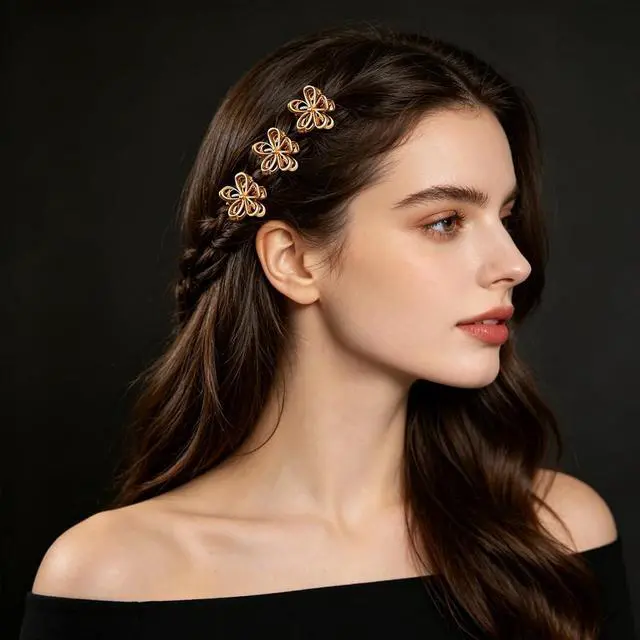 Alt view image 3 of 7 - Flower Hair Clips Mini Metal Claw Clips for Women Thin Thick Hair Decorative Accessories (Gold)