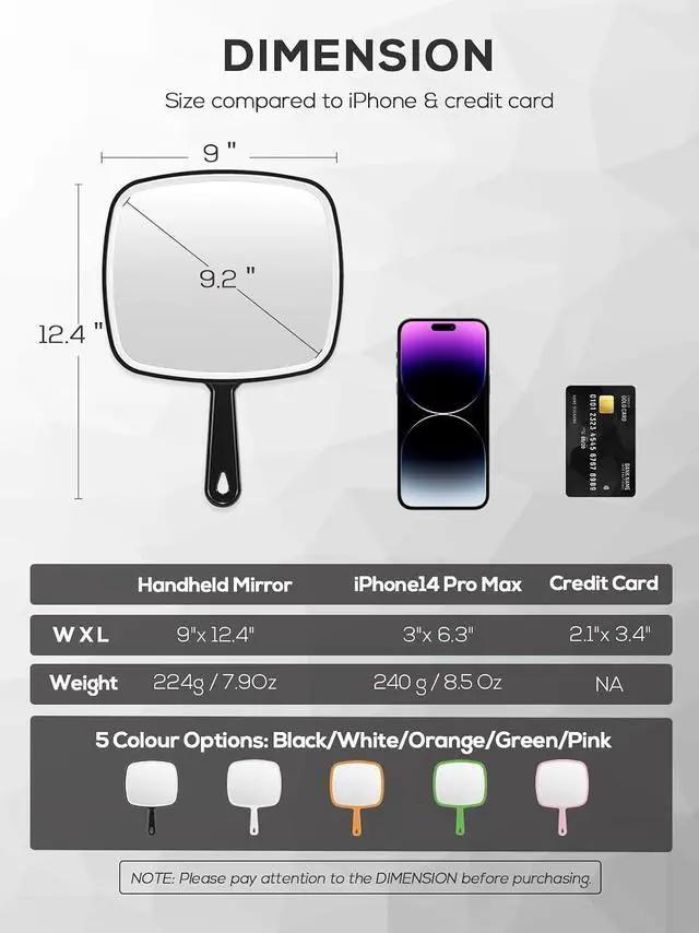 Alt view image 2 of 7 - 12.4" Lx 9" W Handheld Mirror, Wide View Shower Mirror, Black | Hangable, Hand Salon Mirror with Handle, Barber mirror,Distortion-Free, Hand Mirror for Men and Women, for Makeup, Shaving
