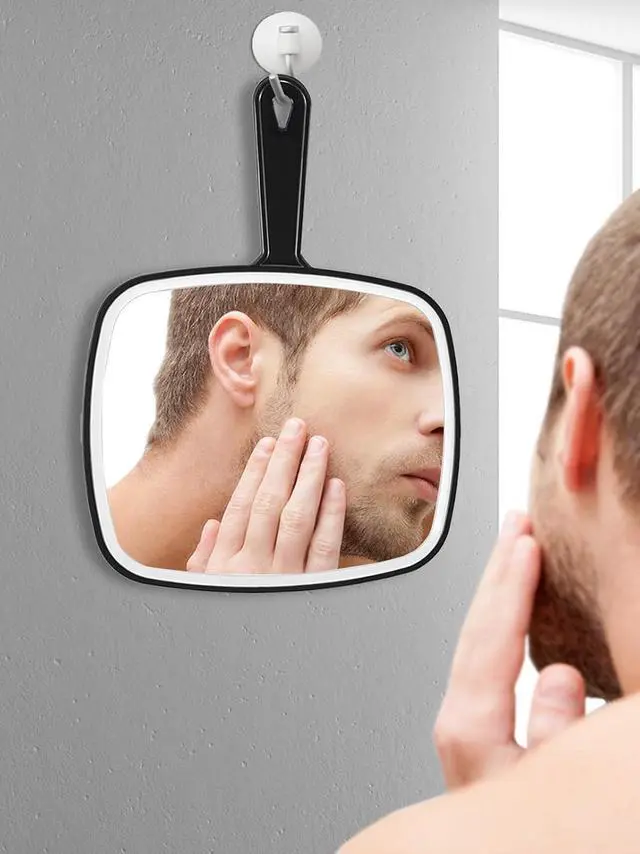 Alt view image 7 of 7 - 12.4" Lx 9" W Handheld Mirror, Wide View Shower Mirror, Black | Hangable, Hand Salon Mirror with Handle, Barber mirror,Distortion-Free, Hand Mirror for Men and Women, for Makeup, Shaving