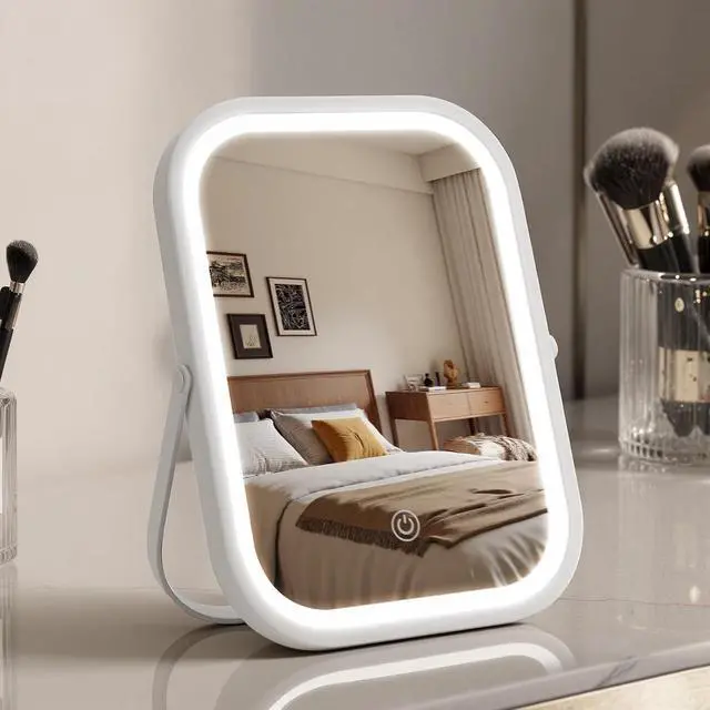 Main image of Rechargeable Travel Makeup Mirror, 8"×6" Small Vanity Mirror with Lights, 1500mAH Battery, 3-Color Lighting, 360° Rotation, Portable Desk Mirror with Storage Pouch, Travel Essentials (White)