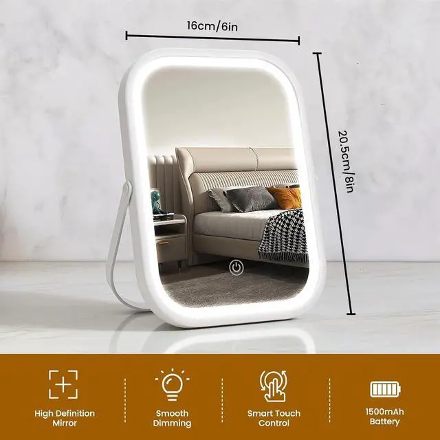 Alt view image 2 of 7 - Rechargeable Travel Makeup Mirror, 8"×6" Small Vanity Mirror with Lights, 1500mAH Battery, 3-Color Lighting, 360° Rotation, Portable Desk Mirror with Storage Pouch, Travel Essentials (White)